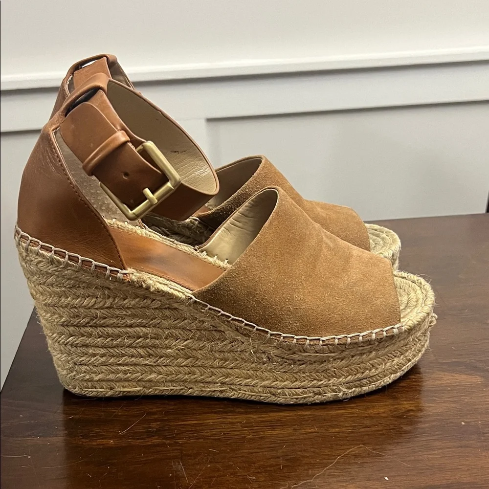 Marc Fisher Tan Suede Espadrille Wedge Sandals